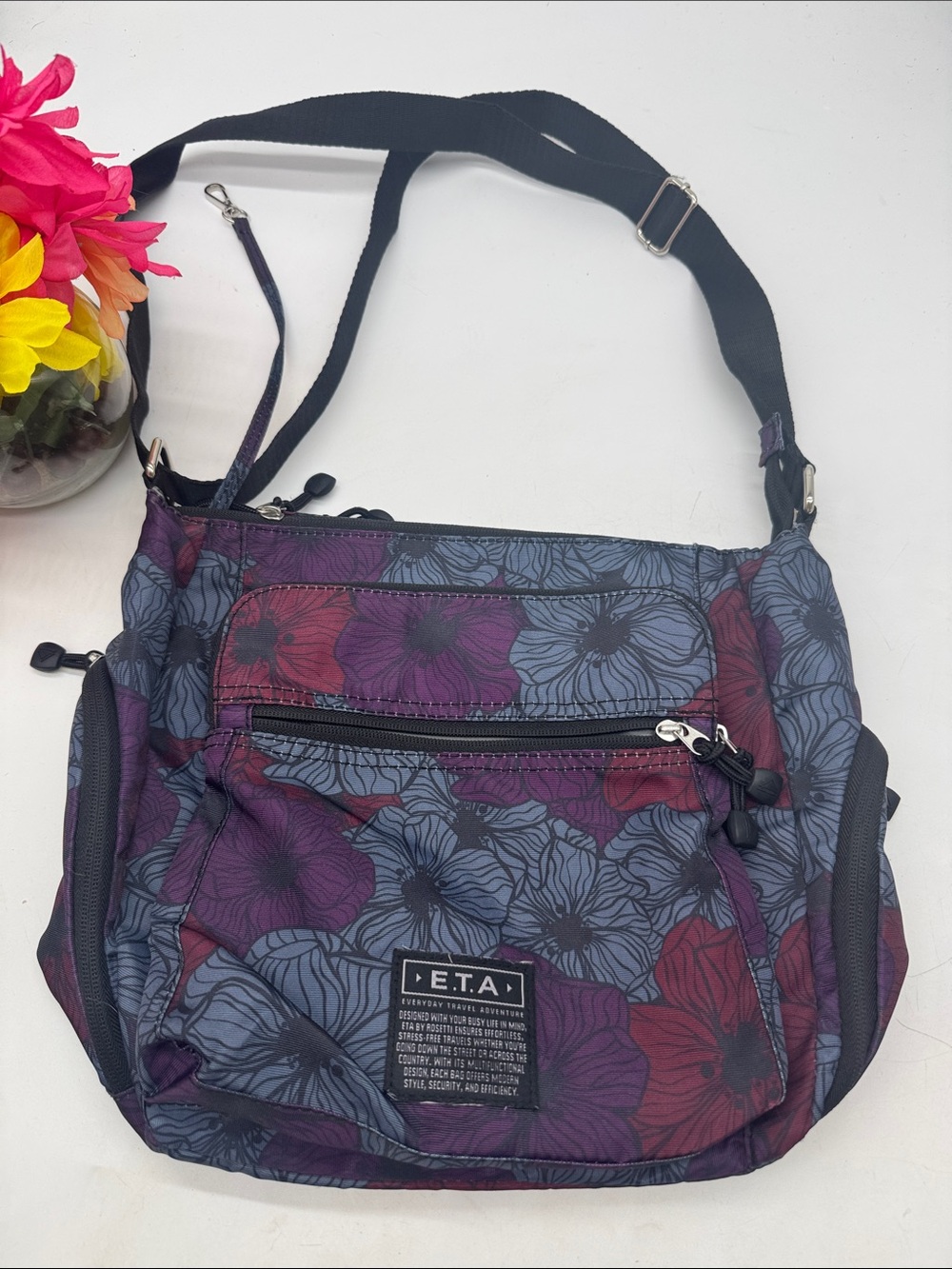 E.T.A. Floral Crossbody Bag in Purple and Charcoal
